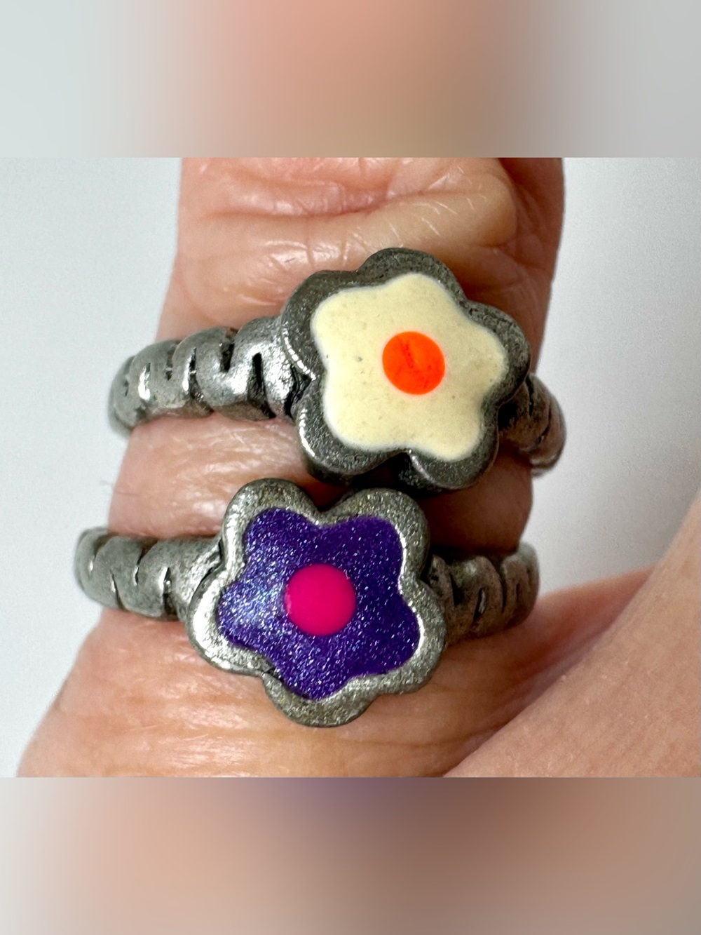Flower Stackable Stamped Pewter Rings with Purple & Cream Flowers Size 6.5 #1417